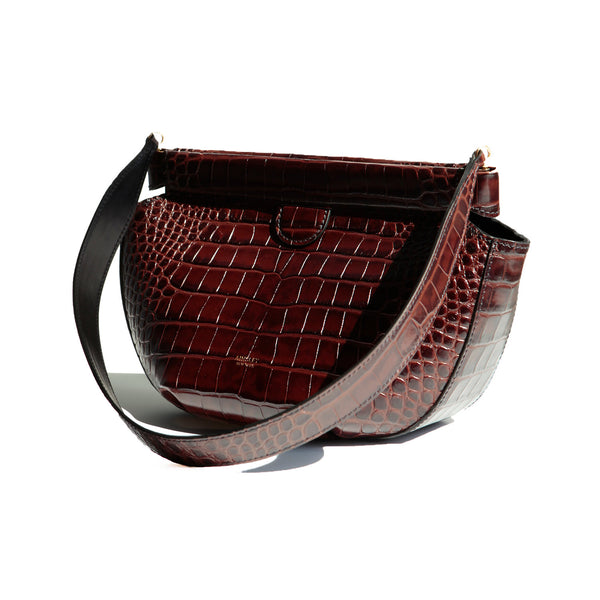 Brown Croc-Embossed Leather Shoulder Bag, Purse. Sized to fit essentials  or an evening out about town. The closure is a hinge bar frame for easy access and secure closure.  Open space on the sides and bottom pleats, widening bottom  allows for extra width.